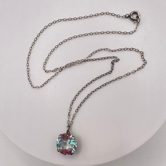 Antique Art Deco sterling silver iris glass solitaire pendant 15.75" necklace - Picture 2 of 9